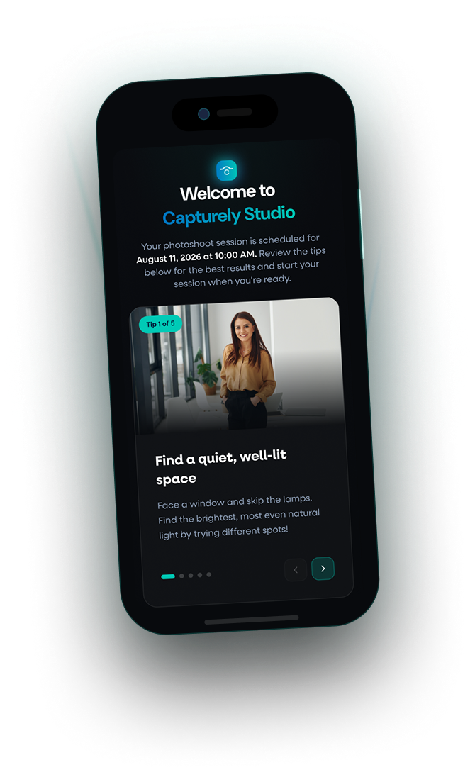 Capturely Studio app walking a subject through session setup tips